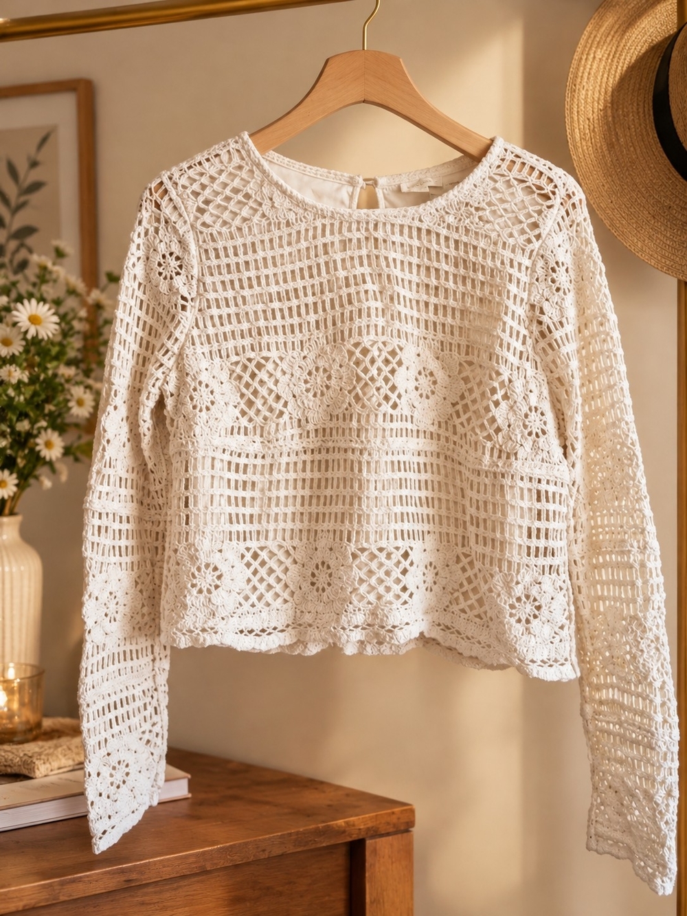 Ultra Pink White Crochet Long-Sleeve Tunic